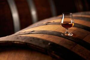 Whiskey Glass on Wooden Barrel in Cellar photo