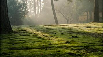 Moss-covered forest ground with trees glowing in the morning mist. photo