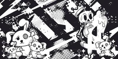 Black and white abstract racing background with stuffed rabbit and skull objects vector