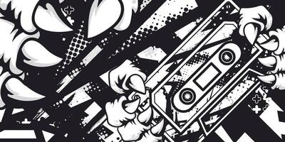 Black and white abstract grunge background with music cassette objects and monster claws vector