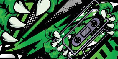 Green abstract racing background with music cassette object and monster claws vector
