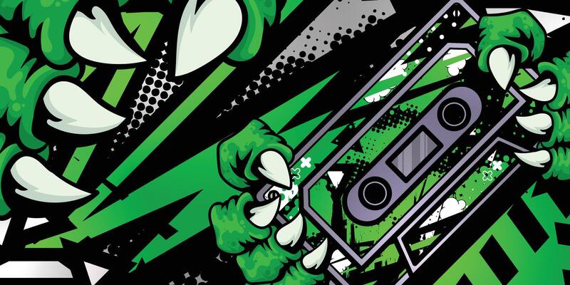 Green abstract racing background with music cassette object and monster claws