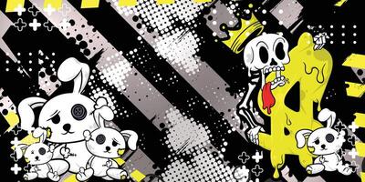 Abstract background design with rabbit and skull doll objects, graffiti background vector