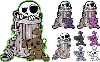 Cartoon illustration with objects skull in a trash can and stuffed rabbit vector