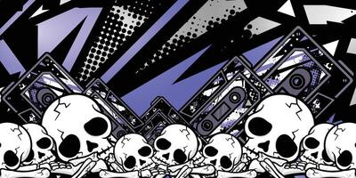 Blue abstract racing background with music cassette and skull object vector