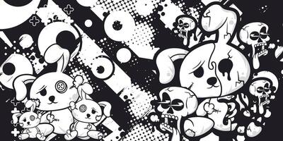 Black and white abstract grunge background with stuffed rabbit and skull objects vector