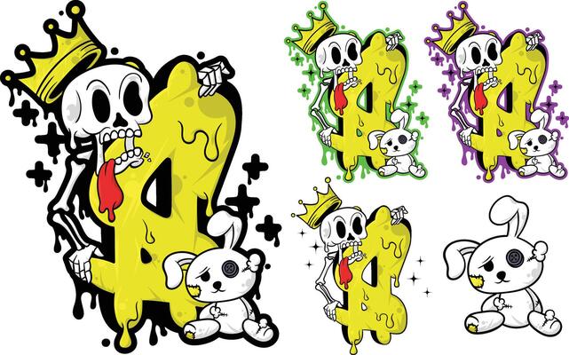 Graffiti illustration design with skull object and white rabbit doll with cartoon money logo