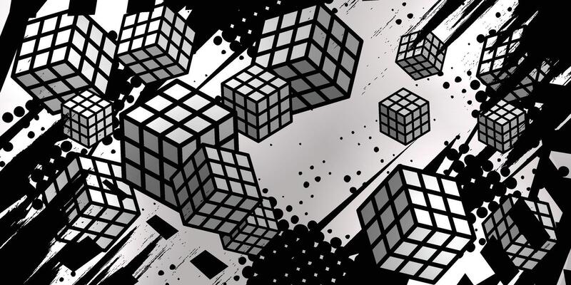 Dark gray abstract racing background with 3d cube object