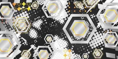 Abstract hexagon background in silver metallic color with gold lines vector