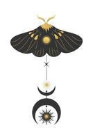 Golden celestial emblem of moth with space decorations. Decorative celestial element vector