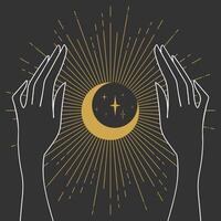 Woman hands with shiny celestial crescent moon. Magic and sorcery vector
