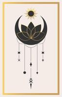 Golden celestial emblem of lotus flower on a crescent and space decorations. Decorative space element vector