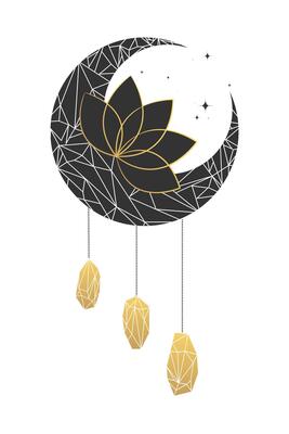 Celestial crystal crescent moon decorated with crystals and lotus flower