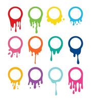 Empty paint round splashes with drops, liquid shape, stains. Empty colored melt drip paint circles. Colorful paint fluid vector