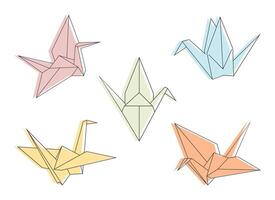 Colored paper cranes outline set. Various paper cranes. Origami flying bird symbol vector