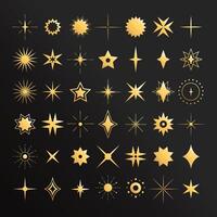 Golden celestial star symbols and sparkles in various shapes on dark background. Space design elements vector