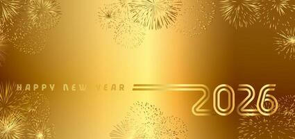 Happy New Year 2026 gold color greeting card with realistic shiny fireworks and isolated clipping mask. Metallic colour style background with golden gradient, creative modern concept. vector