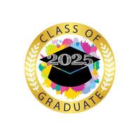 School medal concept with gold and artistic colorful for class of 2025 graduates. Round golden frame with palm branches vector