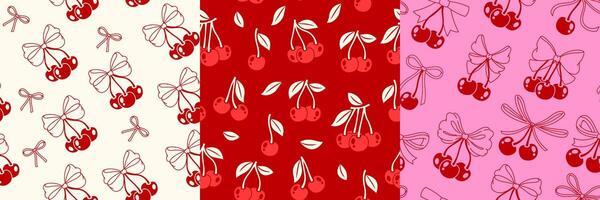 Cherry pattern. Bow ribbon print of cherries, ripe red berries with green leaves and bows, cute cherry fruit wrapping paper, vintage textile fabric. Valentine texture vector