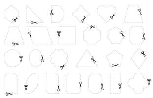 Dash line coupon. Scissors rectangle shape cut, dotted geometric banner, paper discount stickers with outline square circle dashed frames and scissor icons. isolated set vector