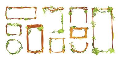 Cartoon liana frame. Vine branch game border with jungle lianas trees ivy leaves, round vines wreath green hanging plants games asset design, gaming UI frames. lianas set vector