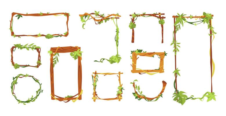 Cartoon liana frame. Vine branch game border with jungle lianas trees ivy leaves, round vines wreath green hanging plants games asset design, gaming UI frames. lianas set