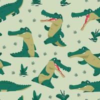 Cute crocodile pattern. Alligator animals seamless print, funny cartoon childish crocodiles characters for wrapping paper, reptile textile fabric design. alligators texture vector