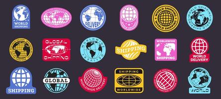 World globe badge. Shipping abstract stickers with global delivery, international shipping and worldwide service globe icons. logistic label collection vector