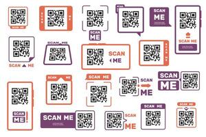 QR code sticker. Barcode scan stickers for product packaging, mobile app QR codes identification borders, retail shop scanner app price tag. isolated set vector