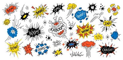 Doodle speech bubble. Comic boom explosion with text and smoke clouds, onomatopoeia sound labels, funny dialog balloon message pop art style. impact graphic set vector