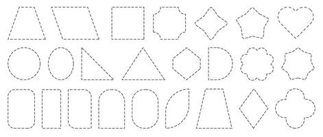 Dashed line frames. Dash dotted square circle linear borders, simple rectangle oval hexagon triangle heart star outline dashed shapes for geometric coupon frame. border set vector