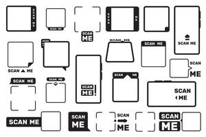 Scan me frame. QR scanning code frames mockup for smartphone barcode sticker, scanner code borders for mobile app design. QR code framing isolated set vector