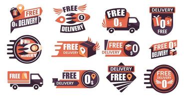 Fast delivery label. Quick delivery badge with truck, rocket, box and clock icons, fast delivery service labels. express shipping banners set vector