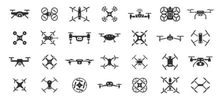 Drone black icon. Copter delivery, controlled camera photography, aviation recording, drones air surveillance, remote control aircraft, quadcopter sign. isolated set vector