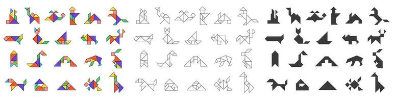 Tangram shapes. Traditional outline and silhouette Chinese geometric puzzle game with seven pieces, abstract flat geometry triangle square rhombus shapes. tangram set vector