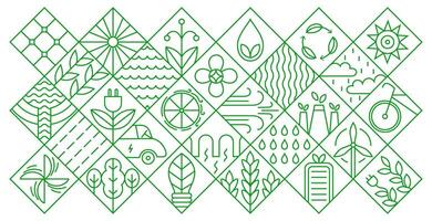 Energy geometry icons. Green environment geometric pattern with minimal line leaf water eco energetic symbols, simple nature energy power icons bauhaus style. background vector