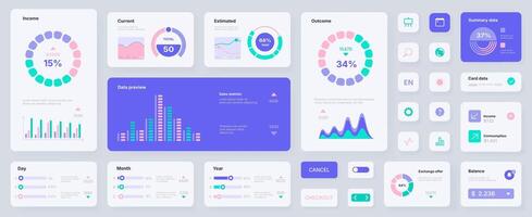 Infographic UI cards. Dashboard app UX, web application card layout with user account statistic graphs and charts, balance payment information. interface mockup set vector