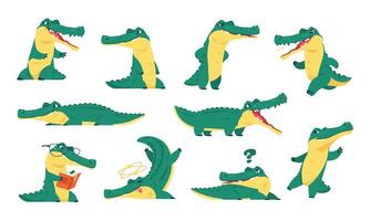 Cute crocodile. Childish alligator characters, child animal reptile flat funny green crocodiles gator stickers, happy alligators animals in different poses. crocodiles set vector
