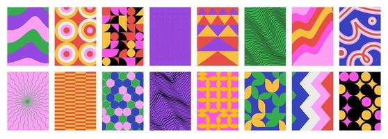 Abstract pattern graphic posters. Funky abstraction geometric texture print design, contemporary backgrounds minimal bold forms geometry shapes colorful ornaments. set vector