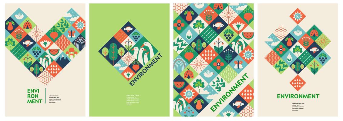 Environment posters. Bauhaus ecology banners with abstract eco nature landscape pattern, cover design Earth day save planet eco friendly concept. environmental set
