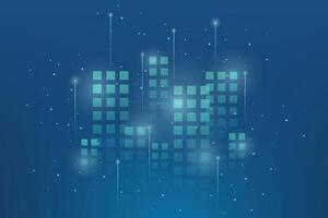 Abstract hologram futuristic city background. Windows light effect, abstract tech, innovation future data, internet network, Ai big data, lines dots connection, digital technology backdrop. vector