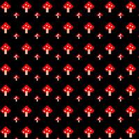 Seamless retro pixel art red mushrooms pattern on black background vector