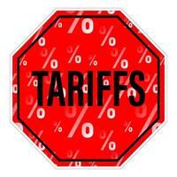 Red octagonal sign with tariffs text and percentage symbols indicating economic policy vector