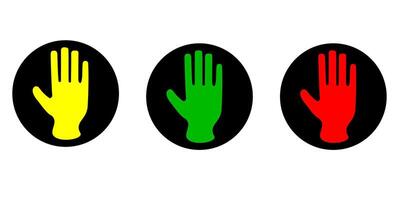 Traffic signal hands. yellow, green, red warning signs on black circles vector