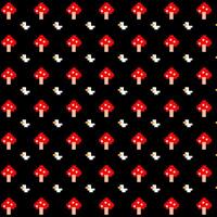 Pixel art pattern with red mushrooms and ducks on black background vector