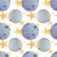 Pattern of moon phases, stars and clouds on white background. Night sky. illustration of starry sky with different moon shapes in pastel colors in cartoon style. vector