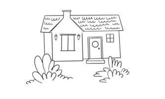 black and white anti-stress coloring page depicting a charming house with a balcony, a fence and a lush garden with flowering bushes. vector
