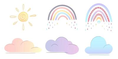 Pastel pattern set with rainbows, clouds, raindrops and sunshine. The hand drawn style is perfect for baby products, nursery decor, baby textiles, wrapping paper and scrapbooking. vector
