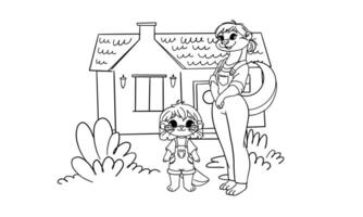 black and white anti-stress coloring page featuring a charming house with a balcony, fence, and lush garden with blooming bushes. Includes an anthropomorphic otter character wearing a jumpsuit, vector