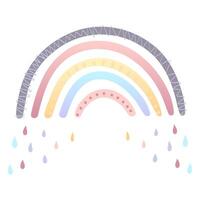 Hand illustrations of rainbows in soft pastel colors. In warm pinks and purples with cute hearts and scallops and in blue and pink accents with delicate raindrops. Perfect for use in children's vector